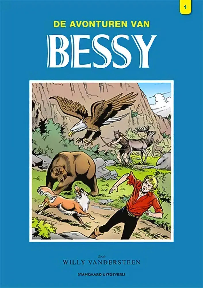 Blauwe comic boekcover van de avonturen van bessy met illustratie van adelaar beer hert en kind door willy vandersteen