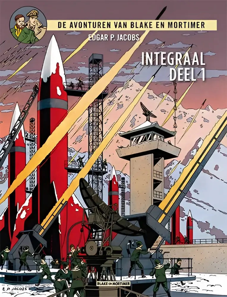 Cover art van de avonturen van blake en mortimer integraal deel 1 met rode en witte raketwerpers in sneeuwlandschap