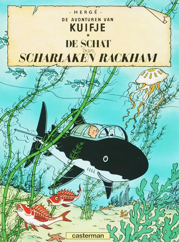 Een zwart-witte onderzeeër met transparante cockpit in de strips algemeen casterman strips titel de avonturen van kuifje