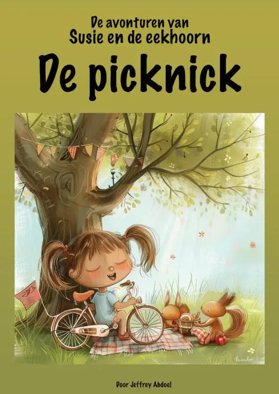 De cover van het kinderboek de picknick van jeffrey abdoel toont een meisje met twee staartjes zittend op een rood-wit geruit kleed