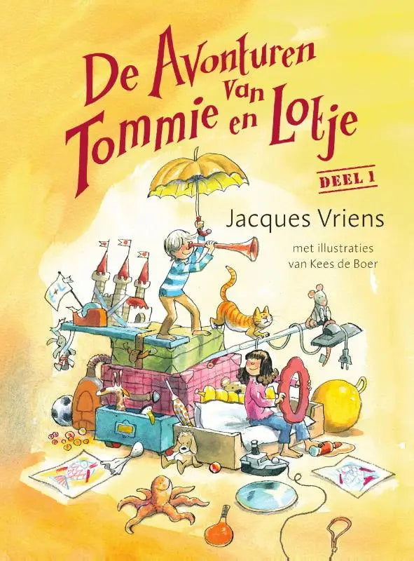 De levendige gele cover van het kinderboek de avonturen van Tommie en Lotje deel 1 van Jacques Vriens
