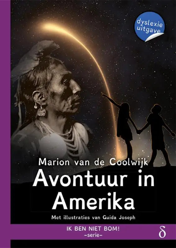 Zwart-wit geïllustreerde boekomslag Avontuur in Amerika met indiaanse figuur en twee kinderen onder sterrenhemel
