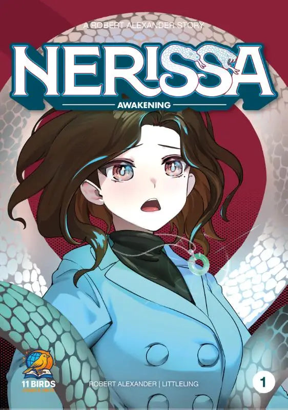 De cover van de manga nerissa awakening toont een jonge vrouw met bruin haar en blauwe ogen in een lichtblauwe jas