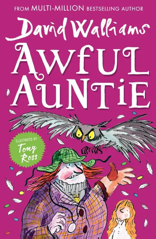 Vibrante magenta omslag van het boek awful auntie door david walliams met een getekend personage in geruite jas en groene hoed, geschikt voor jonge lezers