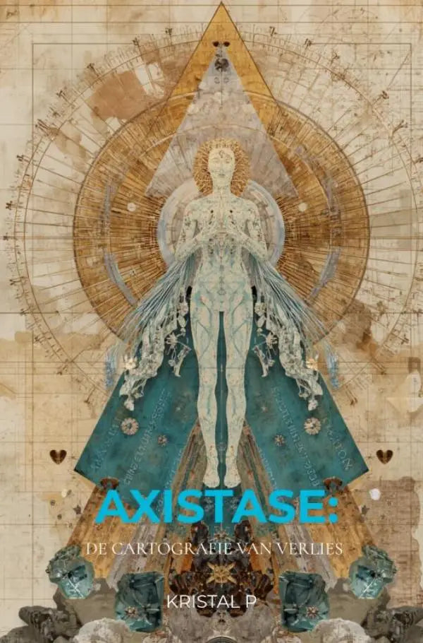 De boekcover van axistase rouw toont een figuur in een witte en teal jurk met gouddetail voor een cartografie van verlies