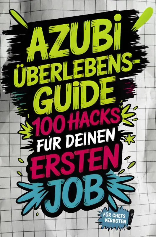 Vibrante neon groene en magenta tekst azubi überlebens-guide voor jouw eerste job op zwart grunge papier achtergrond
