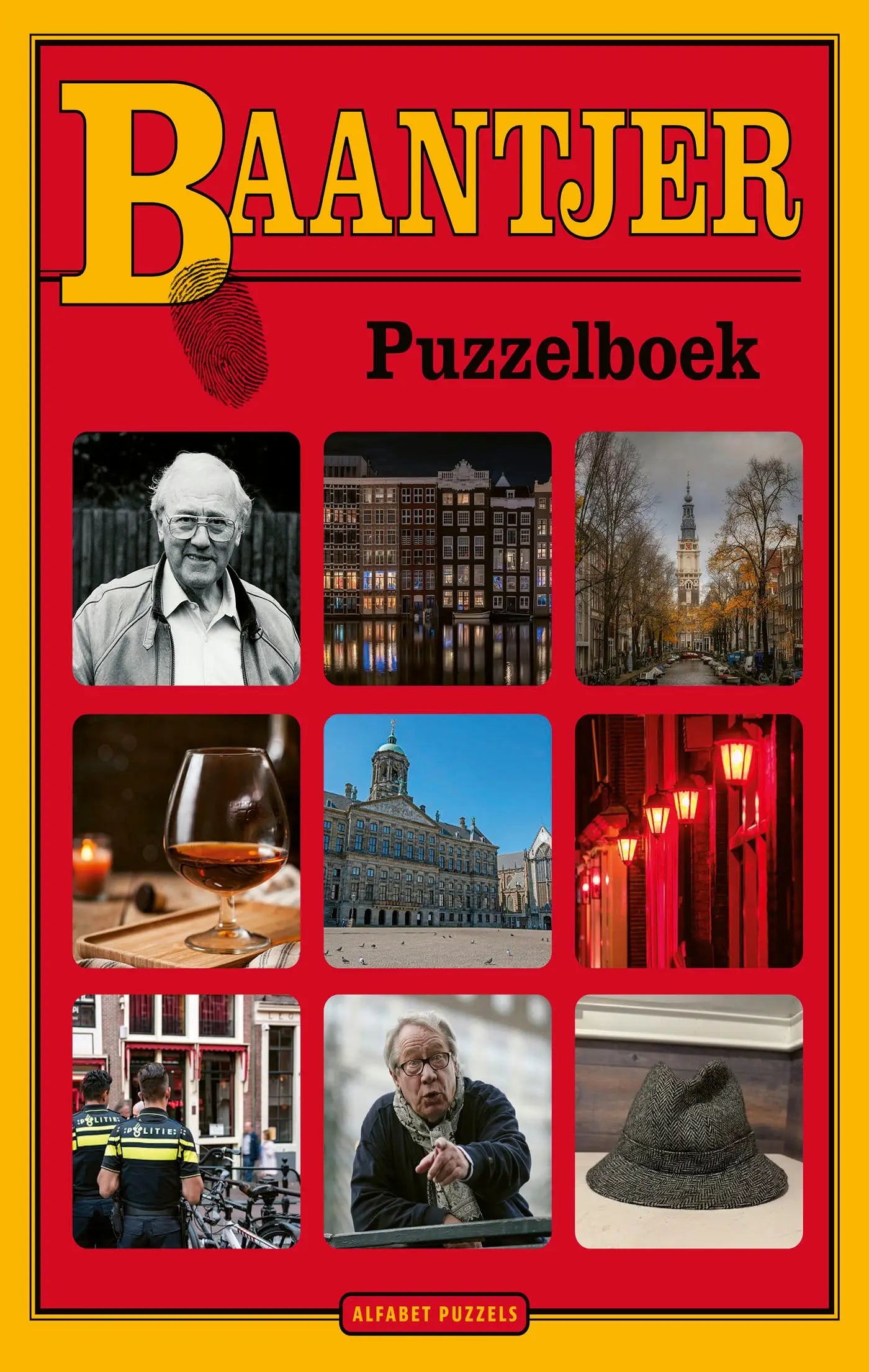 Rood baantjer puzzelboek omslag met negen amsterdamse foto s in zwart wit en kleur van alfabet uitgevers
