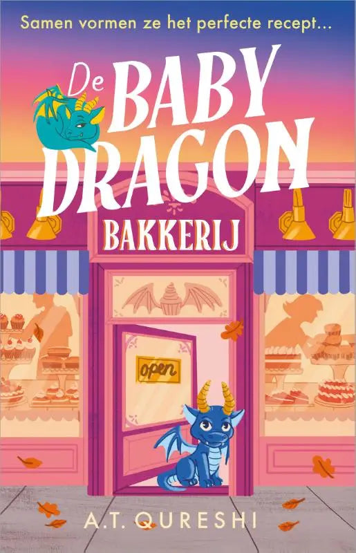 Een levendige roze baby dragon bakkerij met een blauwe baby dragon met gouden horens en vleugels bij het perfecte recept