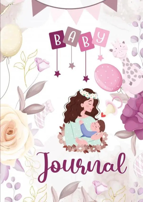 Pastelroze en lavendelkleurig baby journal met bloemmotief en illustratie van moeder met baby, hét baby invulboek van nu