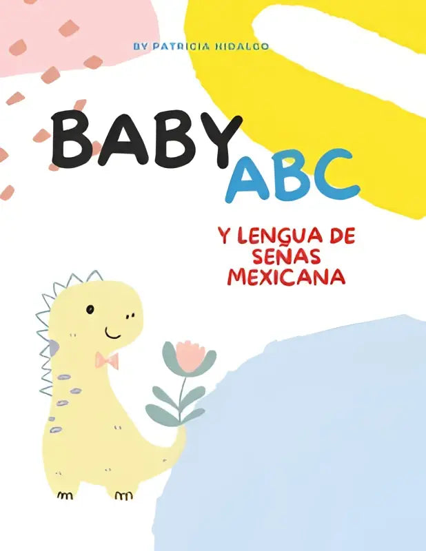 Een vrolijke gele cartoon dinosaurus met roze strik en stekels houdt een bloem vast in babyabc y lengua product