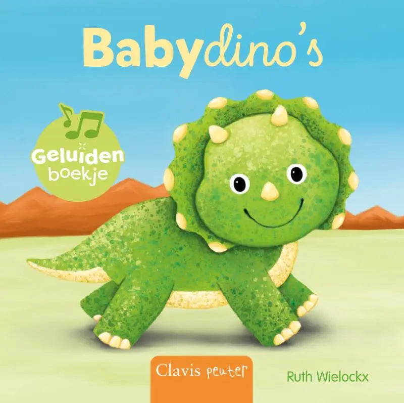 Een vrolijke groene babytriceratops met gele stekels en voeten op het kinderboek babydino’s van ruth wielockx clavis bvba