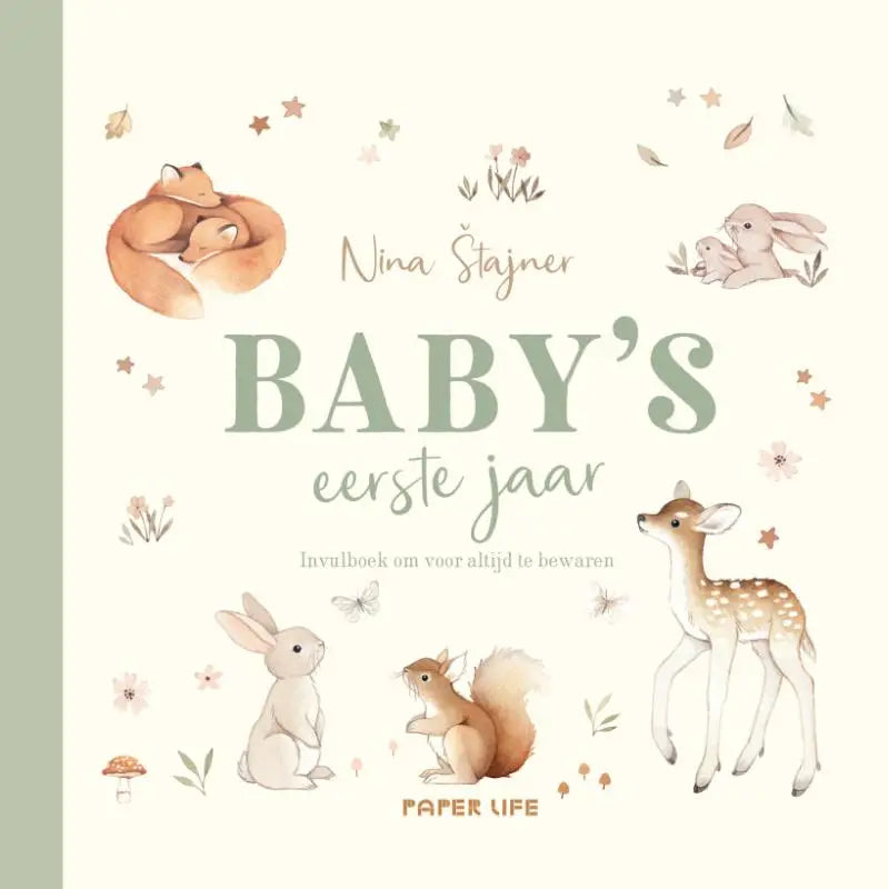 Een zacht pastelkleurig babyjournaal met bosdieren en een crèmekleurige zachte kaft voor baby’s eerste jaar