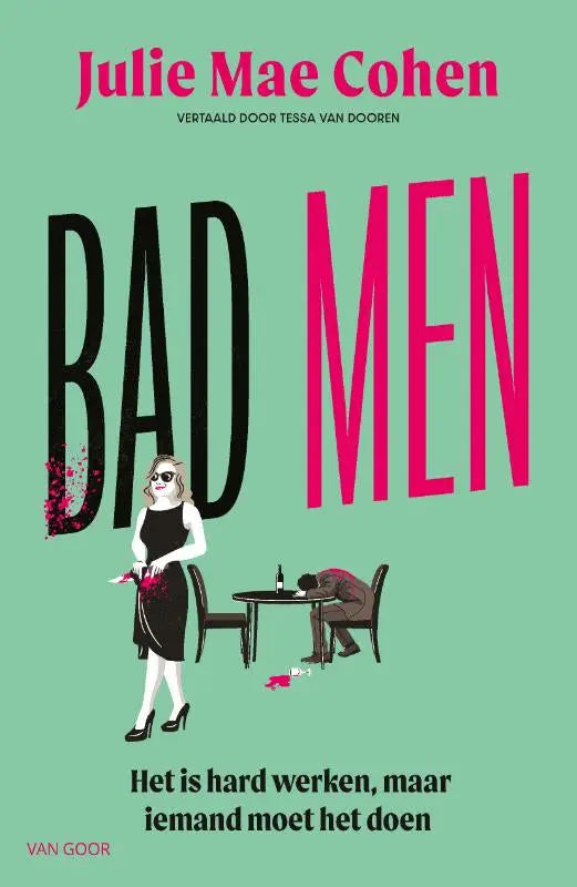 De boekcover van bad men door julie mae cohen toont een vrouw in zwarte jurk naast een man aan tafel op mintgroene achtergrond