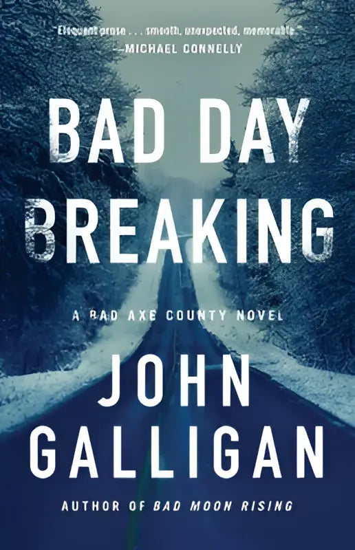 De boekomslag van Bad Day Breaking toont witte letters tegen een winterse bosweg in een roman van John Galligan