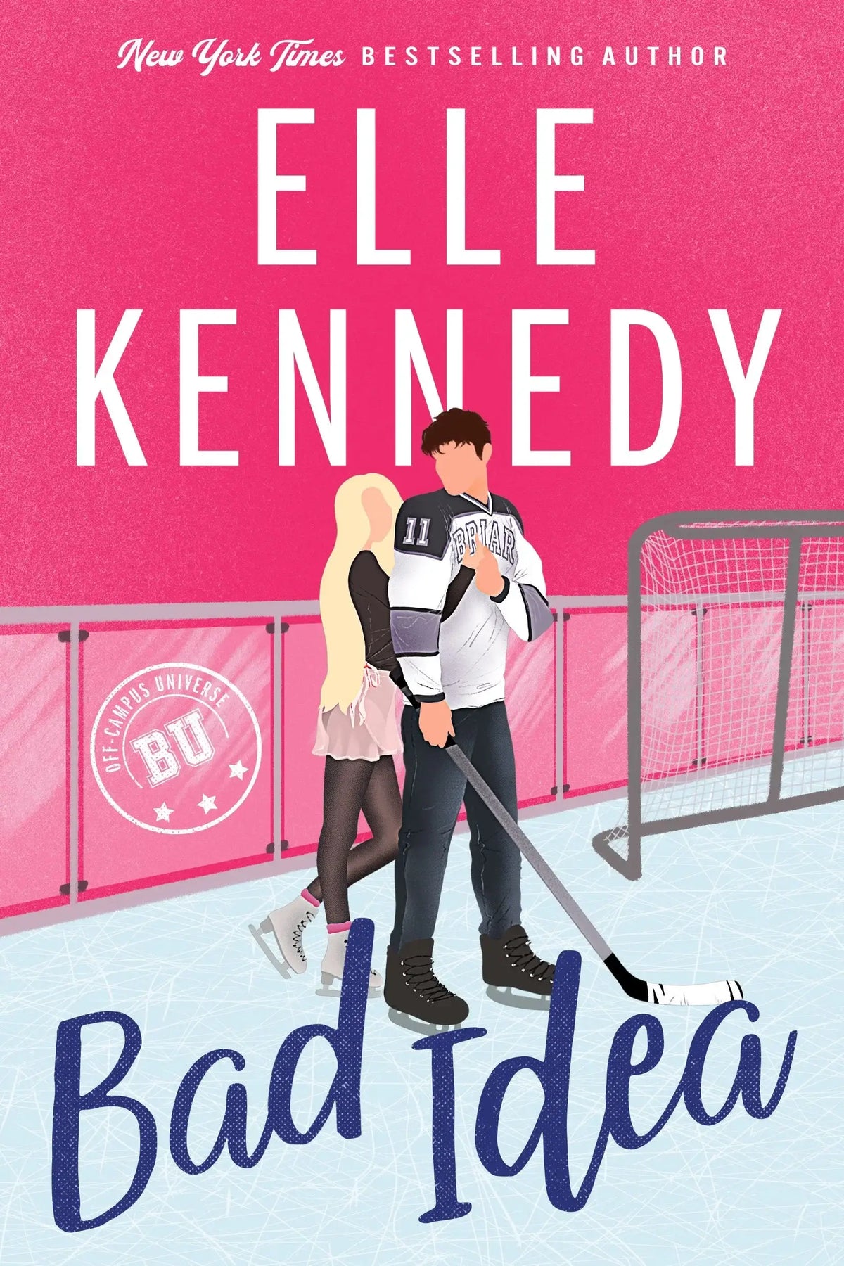 Roze boekcover van bad idea door elle kennedy met cartoon van twee ijshockeyspelers op de briar university rink, uitgegeven door piatkus books