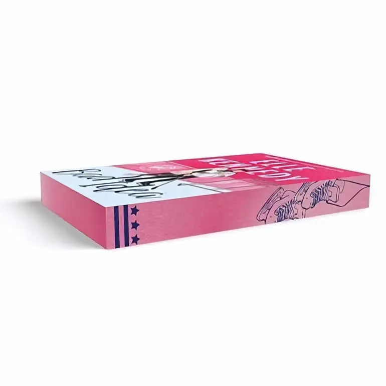 Roze rechthoekige deluxe editie box van bad idea door elle kennedy bloom books met handen die hockeyschoenen vasthouden