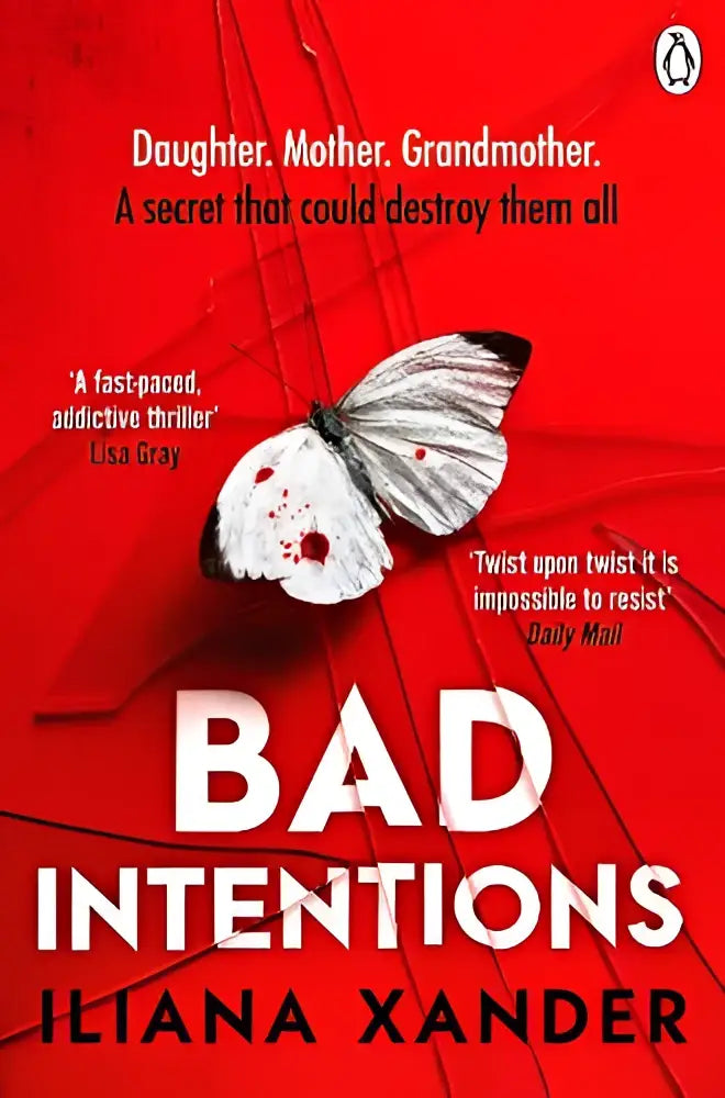 A white butterfly with black edges and red splatters rests on the red cover of bad intentions by iliana xander michael joseph