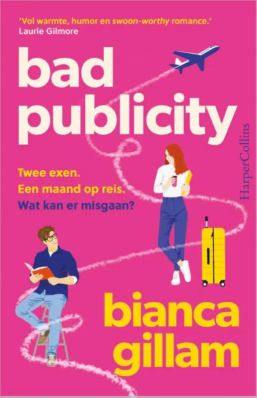 Heldere gele koffer met zwarte wielen en handvat op de omslag van bad publicity twee exen een maand op reis