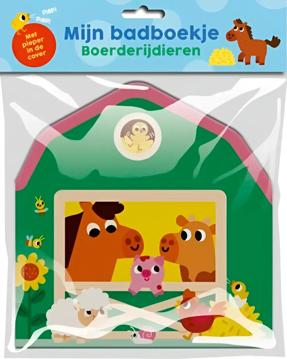 Groen barnvormig nederlandstalig badboek voor kinderen met cartoon boerderijdieren op de voorkant