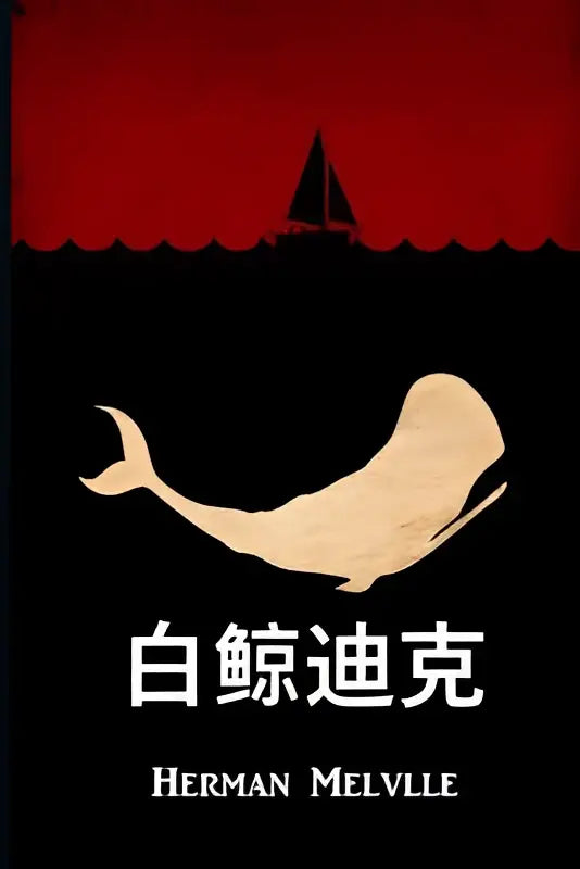 Illustratie van een beige walvis op zwarte achtergrond met rode lucht en zeilboot, moby dick chinese editie