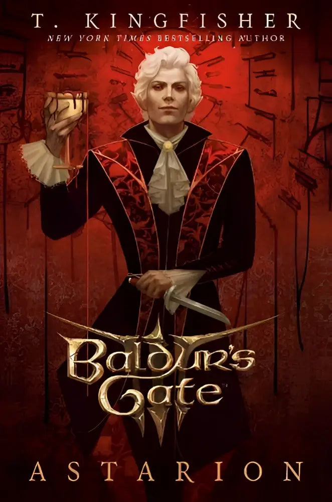 De cover van baldur’s gate 3 toont een man in een zwart-rood fluwelen jas met gouden borduursels die een gouden kelk vasthoudt