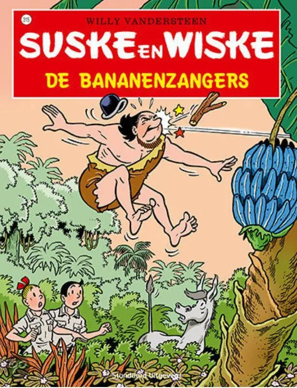 De cover van de suske en wiske comic de bananenzangers door willy vandersteen met kleurrijke tekeningen en luc morjaeu stijl