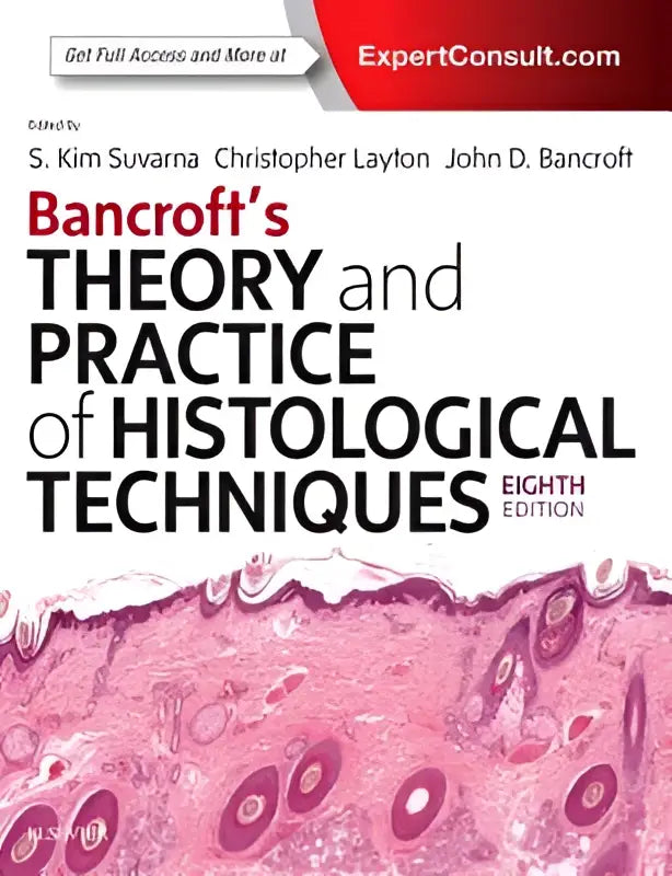 The eighth edition of Bancroft’s theory and practice of histological techniques hardcover textbook with pink histology slide cover