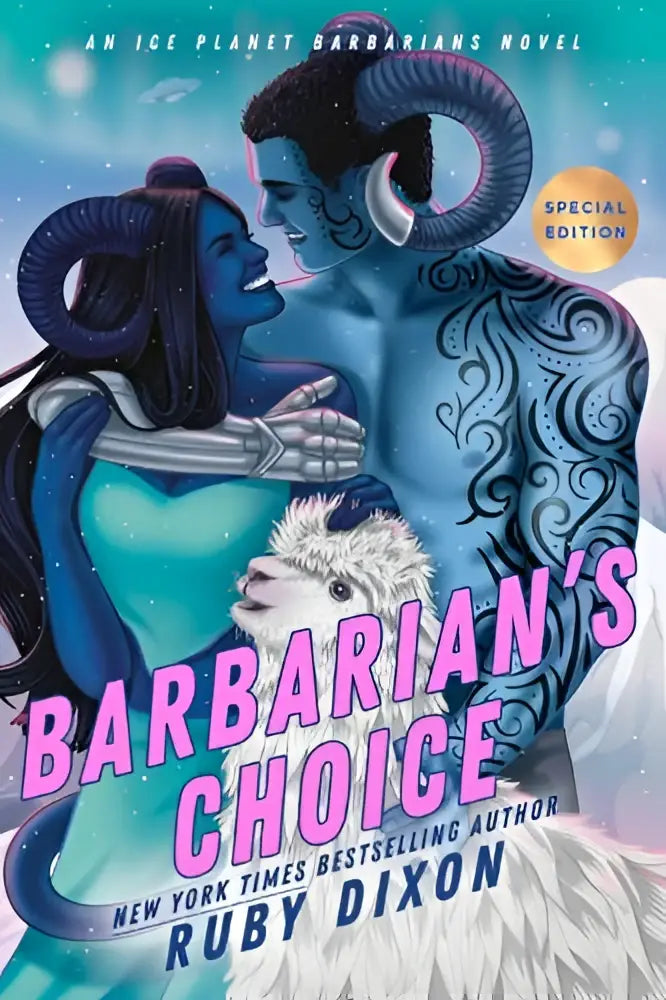 De boekcover van barbarian’s choice toont twee blauwgekleurde, gehoornde figuren die omarmen op een sterrenhemel van een ijsplaneet