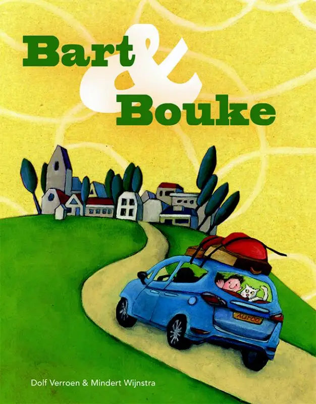 Blauwe cartoonauto bart en bouke met rode dakdrager en twee lachende kinderen rijdend langs huizen
