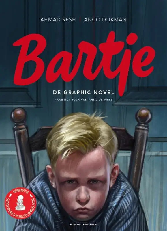 De cover van de graphic novel bartje door ahmad resh en anco dijkman toont een jongen met blond haar in een blauw gestreept deken op een houten stoel