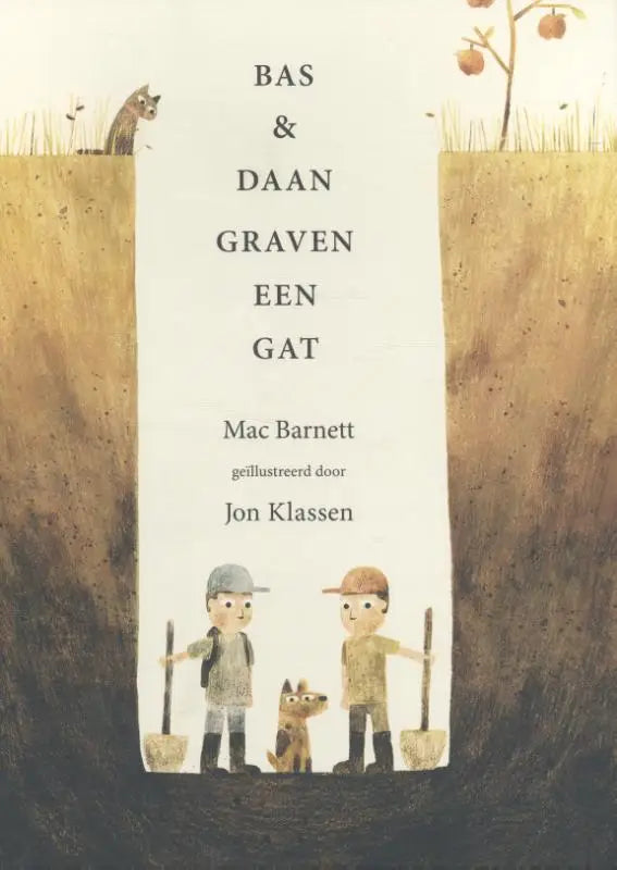 Illustratie van kinderboekcover met bas en daan graven twee jongens, een hond en een kat bij een gat voor jonge lezers