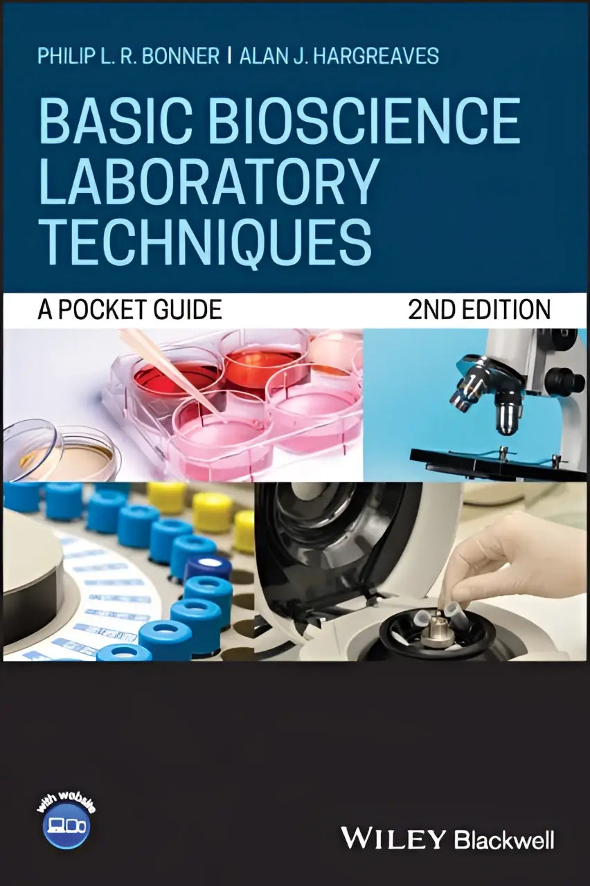 Blauwe en witte omslag van het basisboek basic bioscience laboratory techniques een pocket guide voor bioscience laboratory techniques