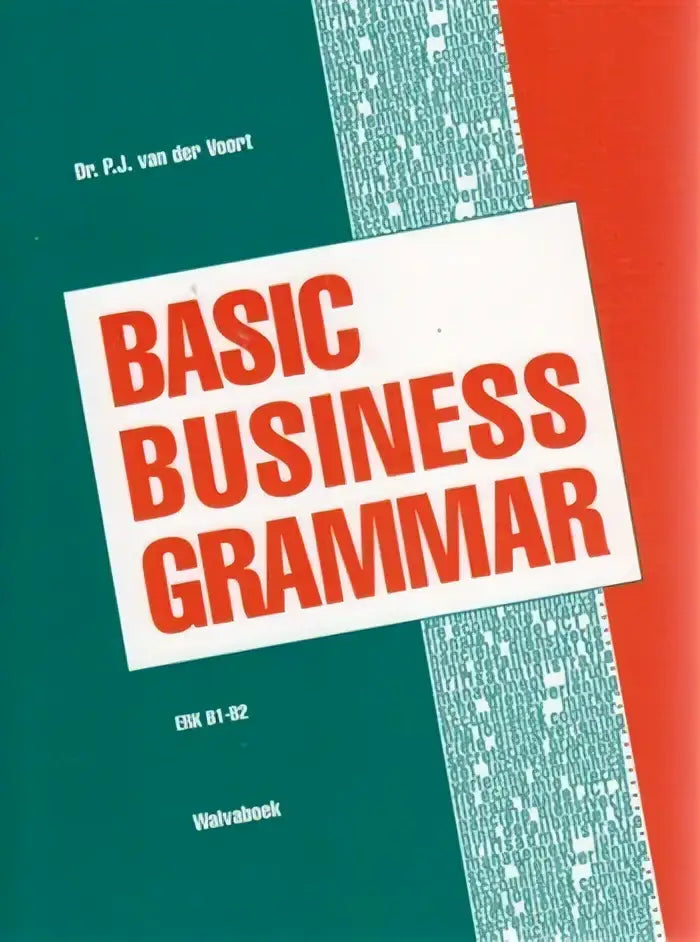De boekomslag van basic business grammar toont rode tekst op een witte label met een blauwe en oranje achtergrond en een patroon