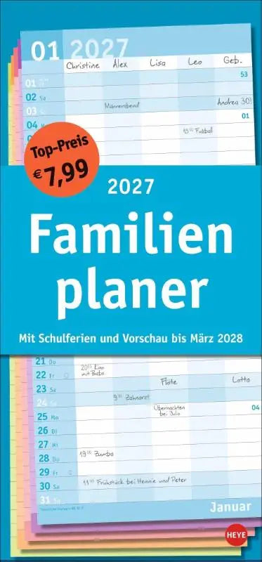 Helderblauwe basic familienplaner 2027 met praktische wandkalender en kleurrijk gestapeld kalenderontwerp en duitse tekst