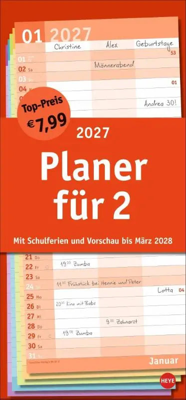 Rood 2027 basic planer für zwei met handgeschreven notities en topprijssticker praktischer wandplaner für zwei