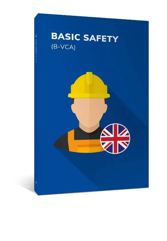 Blauw hardcover boek basic safety b-vca met gele veiligheidshelm oranje veiligheidsvest en union jack embleem