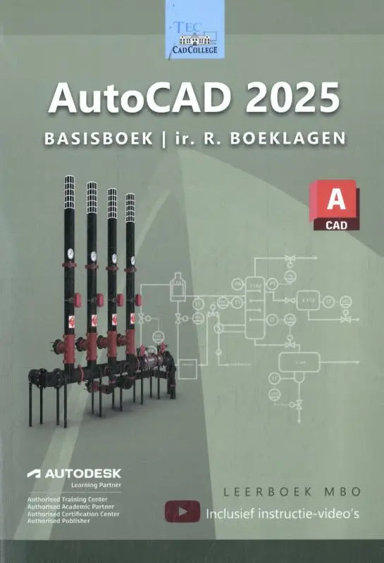 Basisboek autocad met een groene omslag en zwarte en rode industriële pijpleiding illustratie voor autocad 2025