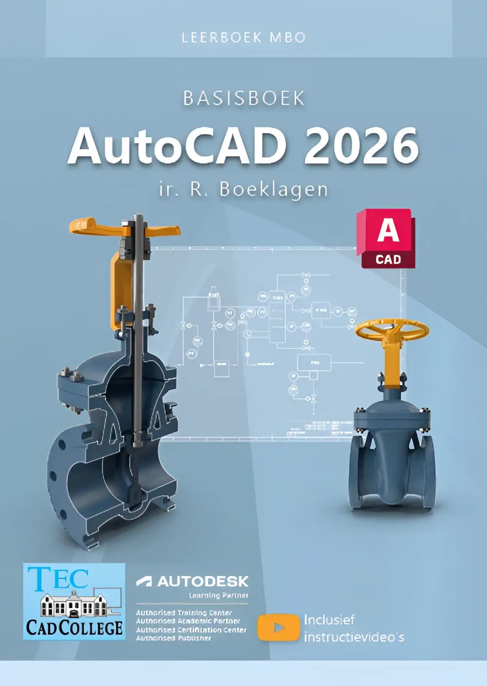 Blauwe industriële poortklep met geel handwiel en metalen onderdelen voor basisboek autocad toepassingen