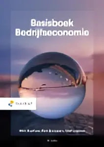 Boek basisboek bedrijfseconomie met donkerblauwe omslag wit tekst en abstracte globe ontwerp door olaf leppink en rien brouwers
