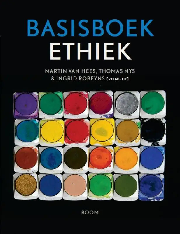 Basisboek ethiek met kleurrijke aquarelverfpannen op zwarte achtergrond uitgegeven door koninklijke boom uitgevers