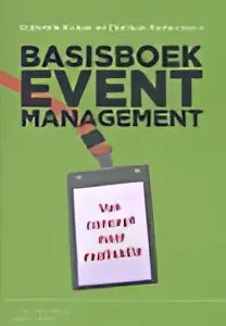Groen omslag Basisboek eventmanagement met zwarte tekst en badgegrafiek