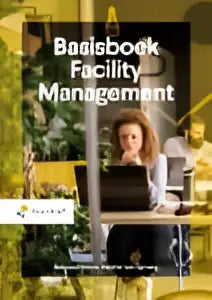 A laptop screen displays basisboek facility management text with a woman seated at a desk in front of it