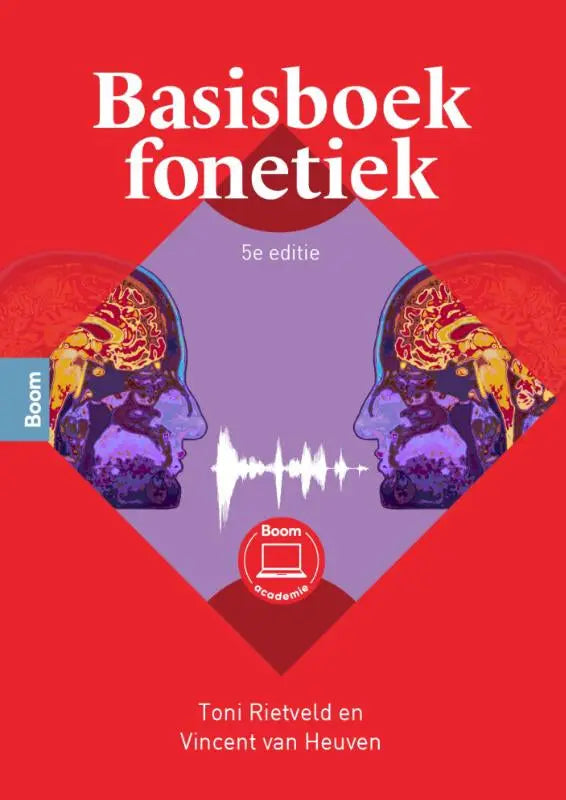 Rode hardcover basisboek fonetiek met paarse diamantvorm, twee gestileerde hoofden en audiogolfmotief