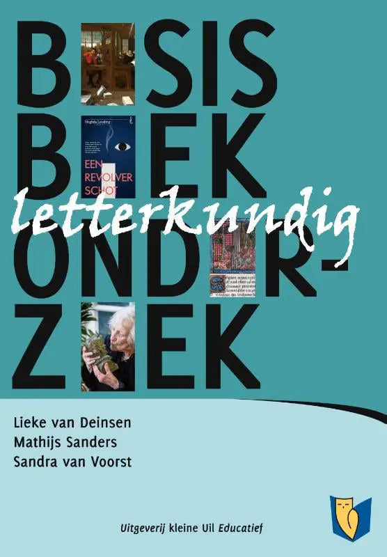 Teal gekleurde cover van het boek basisboek letterkundig onderzoek met zwarte typografie en afbeeldingen van boeken, een oog en een vrouw met planten