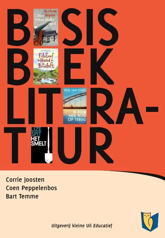 Oranje boekomslag van basisboek literatuur met zwarte tekst en vier kleinere boekillustraties binnen het ontwerp