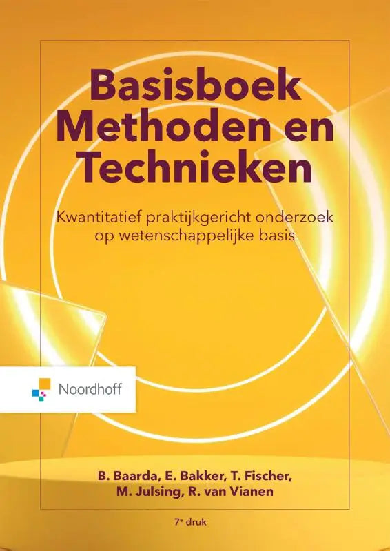 Oranje basisboek methoden en technieken met opvallende paarse titel en witte cirkelvormige designelementen