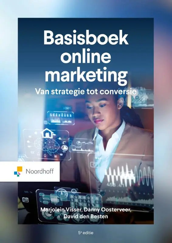 Basisboek online marketing boekcover met vrouw in professionele kleding en digitale marketingelementen online marketing