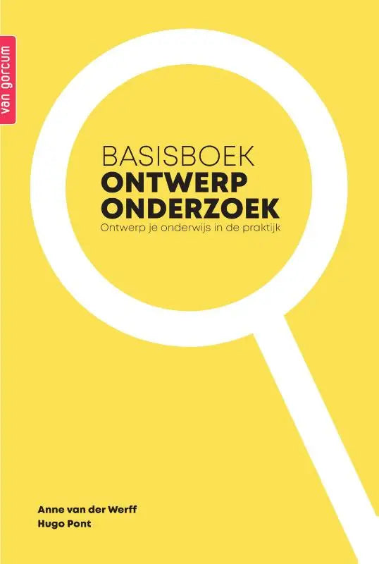 Gele basisboek ontwerponderzoek met witte vergrootglas en zwarte tekst van hugo pont en anne van der werff