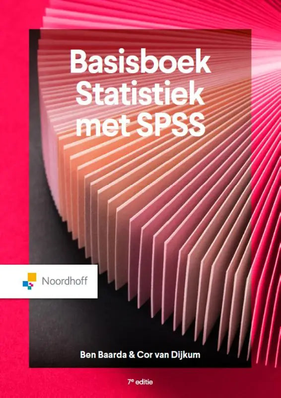 De cover van het basisboek statistiek met spss studieboek met een opvallend radiaal verloop in roze en oranje met witte tekst