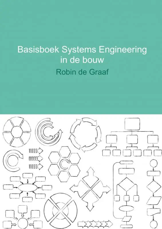 Teal kleurige boekomslag van basisboek systems engineering met witte tekst en lijntekeningen van flowcharts voor bouwsystemen